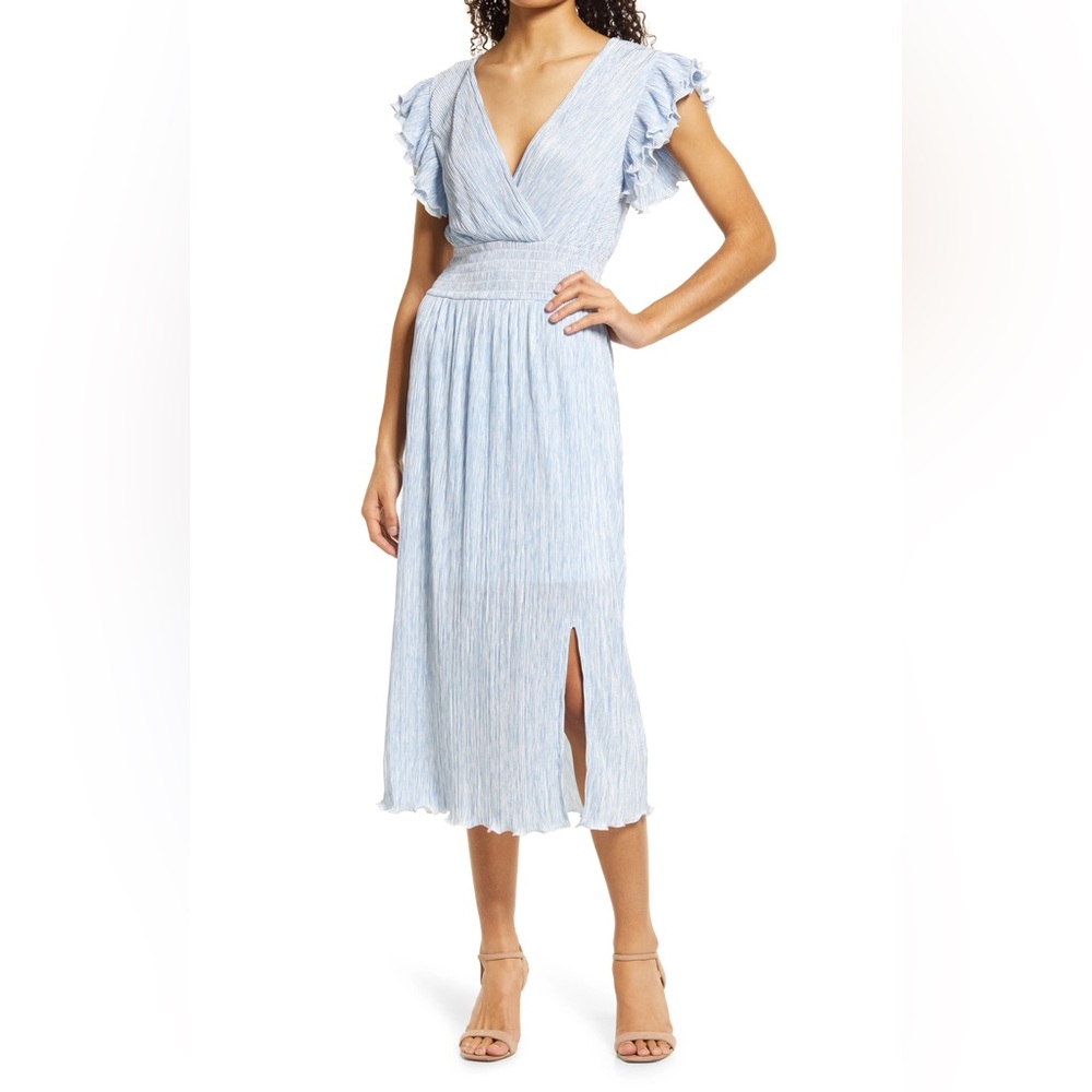 Chelsea28 Flutter Sleeve Plissé Midi Dress Blue Falls Camouflage Size Small